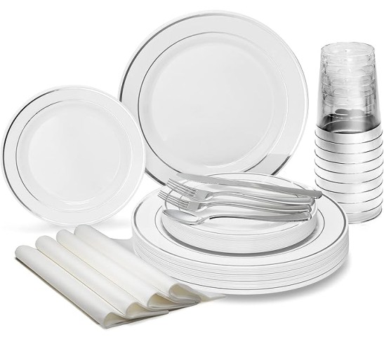 " OCCASIONS " 640pcs set (80 Guests)-Heavyweight Wedding Party Disposable Plastic Plate Set -80 x 10.5'' + 80 x 7.5'' +Silverware + Cups +linen like paper Napkins (White & Silver Rim)