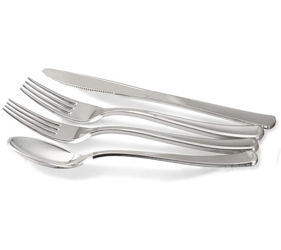 " OCCASIONS " 640pcs set (80 Guests)-Heavyweight Wedding Party Disposable Plastic Plate Set -80 x 10.5'' + 80 x 7.5'' +Silverware + Cups +linen like paper Napkins (White & Silver Rim)