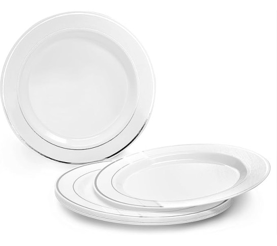 " OCCASIONS " 640pcs set (80 Guests)-Heavyweight Wedding Party Disposable Plastic Plate Set -80 x 10.5'' + 80 x 7.5'' +Silverware + Cups +linen like paper Napkins (White & Silver Rim)