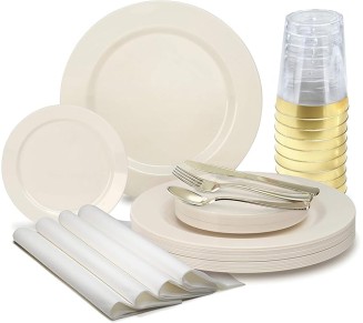 " OCCASIONS " 560pcs set (80 Guests)-Heavyweight Wedding Party Disposable Plastic Plate Set-80 x 10.5'' + 80 x 6.25'' + Gold Silverware + Cups + Napkins (Plain Ivory)