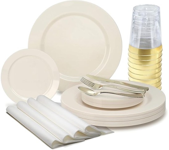 " OCCASIONS " 560pcs set (80 Guests)-Heavyweight Wedding Party Disposable Plastic Plate Set-80 x 10.5'' + 80 x 6.25'' + Gold Silverware + Cups + Napkins (Plain Ivory)