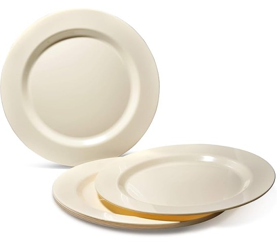 " OCCASIONS " 560pcs set (80 Guests)-Heavyweight Wedding Party Disposable Plastic Plate Set-80 x 10.5'' + 80 x 6.25'' + Gold Silverware + Cups + Napkins (Plain Ivory)