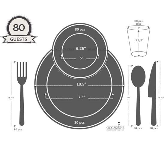 " OCCASIONS " 560pcs set (80 Guests)-Heavyweight Wedding Party Disposable Plastic Plate Set-80 x 10.5'' + 80 x 6.25'' + Gold Silverware + Cups + Napkins (Plain Ivory)
