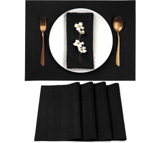 Linen Placemats Set of 4-100% Pure Linen Black Placemats 14 x 19 Inch - Washable Black Placemats for Spring