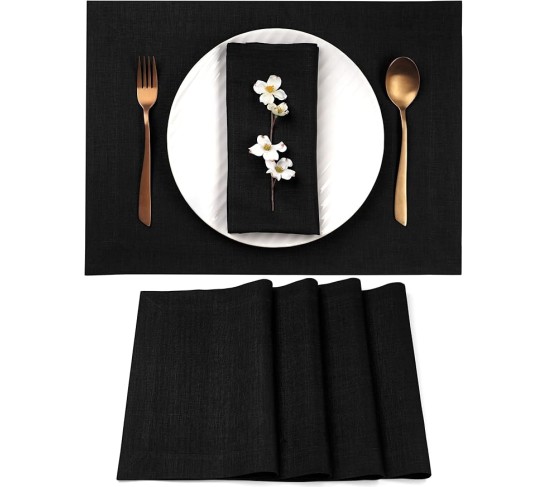 Linen Placemats Set of 4-100% Pure Linen Black Placemats 14 x 19 Inch - Washable Black Placemats for Spring