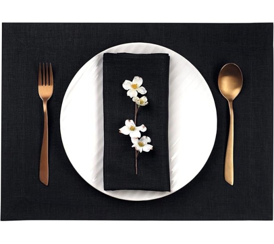Linen Placemats Set of 4-100% Pure Linen Black Placemats 14 x 19 Inch - Washable Black Placemats for Spring