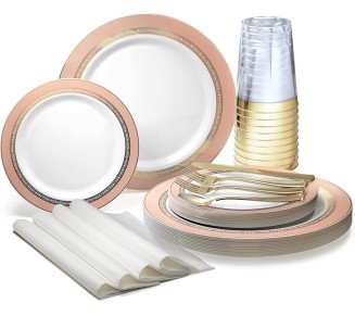" OCCASIONS " 640pcs set (80 Guests)-Heavyweight Wedding Party Disposable Plastic Plate Set -80 x 10.5'' + 80 x 7.5'' + Silverware + Cups + Napkins (Ritz Blush and Gold)