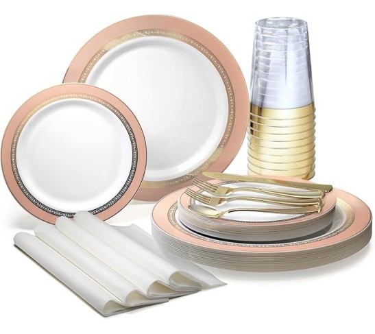 " OCCASIONS " 640pcs set (80 Guests)-Heavyweight Wedding Party Disposable Plastic Plate Set -80 x 10.5'' + 80 x 7.5'' + Silverware + Cups + Napkins (Ritz Blush and Gold)