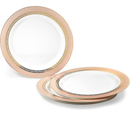 " OCCASIONS " 640pcs set (80 Guests)-Heavyweight Wedding Party Disposable Plastic Plate Set -80 x 10.5'' + 80 x 7.5'' + Silverware + Cups + Napkins (Ritz Blush and Gold)