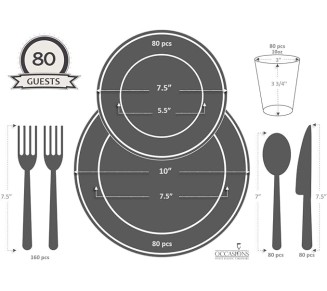 " OCCASIONS " 640pcs set (80 Guests)-Heavyweight Wedding Party Disposable Plastic Plate Set -80 x 10.5'' + 80 x 7.5'' + Silverware + Cups + Napkins (Ritz Blush and Gold)