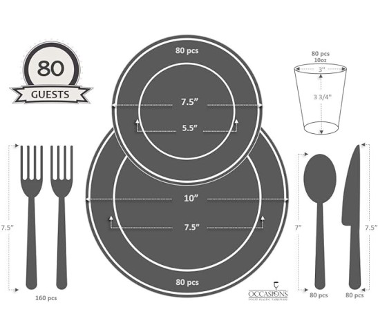 " OCCASIONS " 640pcs set (80 Guests)-Heavyweight Wedding Party Disposable Plastic Plate Set -80 x 10.5'' + 80 x 7.5'' + Silverware + Cups + Napkins (Ritz Blush and Gold)