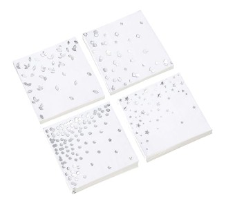 100 PK Silver Napkins - 4 Assorted Designs - 3-Ply Cocktail Napkins Folded 5 x 5 Inches Bar Napkins Disposable Party Napkins Paper Napkins Beverage for Wedding Bridal Baby Shower Birthday