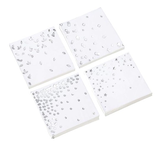 100 PK Silver Napkins - 4 Assorted Designs - 3-Ply Cocktail Napkins Folded 5 x 5 Inches Bar Napkins Disposable Party Napkins Paper Napkins Beverage for Wedding Bridal Baby Shower Birthday