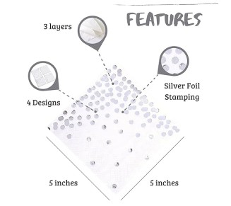 100 PK Silver Napkins - 4 Assorted Designs - 3-Ply Cocktail Napkins Folded 5 x 5 Inches Bar Napkins Disposable Party Napkins Paper Napkins Beverage for Wedding Bridal Baby Shower Birthday