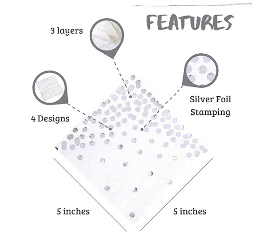 100 PK Silver Napkins - 4 Assorted Designs - 3-Ply Cocktail Napkins Folded 5 x 5 Inches Bar Napkins Disposable Party Napkins Paper Napkins Beverage for Wedding Bridal Baby Shower Birthday