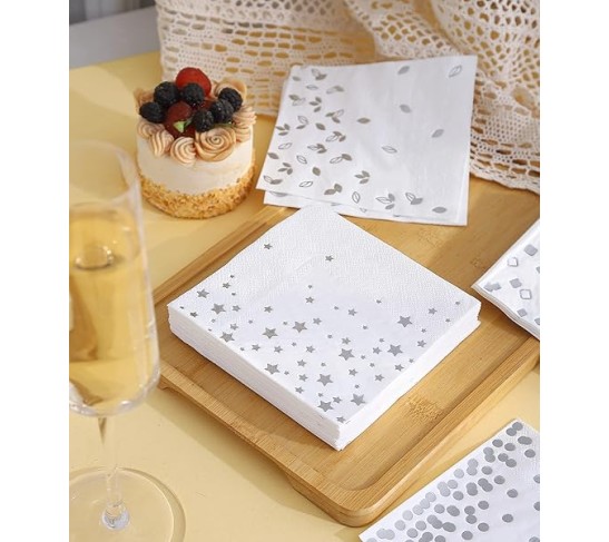 100 PK Silver Napkins - 4 Assorted Designs - 3-Ply Cocktail Napkins Folded 5 x 5 Inches Bar Napkins Disposable Party Napkins Paper Napkins Beverage for Wedding Bridal Baby Shower Birthday