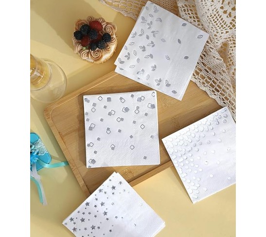100 PK Silver Napkins - 4 Assorted Designs - 3-Ply Cocktail Napkins Folded 5 x 5 Inches Bar Napkins Disposable Party Napkins Paper Napkins Beverage for Wedding Bridal Baby Shower Birthday