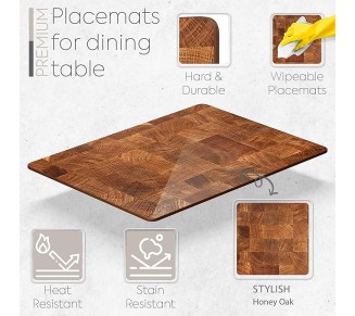Set of 4 Heat Resistant Cork Placemats for Dining Table with Free Set of 4 Matching Drink Coasters Marble Design 16 x 12 Inches Cork Backed Hard Placemats (Honey Oak)