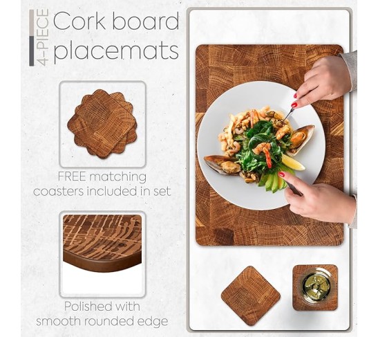 Set of 4 Heat Resistant Cork Placemats for Dining Table with Free Set of 4 Matching Drink Coasters Marble Design 16 x 12 Inches Cork Backed Hard Placemats (Honey Oak)