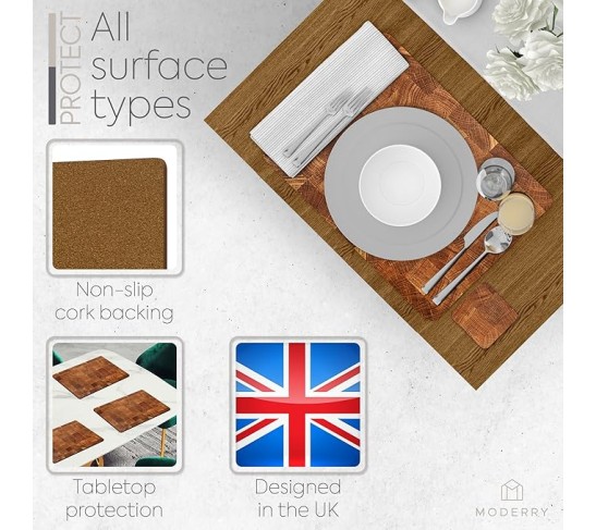 Set of 4 Heat Resistant Cork Placemats for Dining Table with Free Set of 4 Matching Drink Coasters Marble Design 16 x 12 Inches Cork Backed Hard Placemats (Honey Oak)