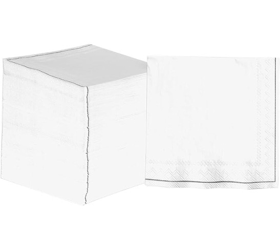 120 Pack Sqaure Cocktail Napkins, Disposable, Premium 3 Ply Paper, 5 x 5 Inch, Decorative Beverage Napkin, White with Silver Stripe