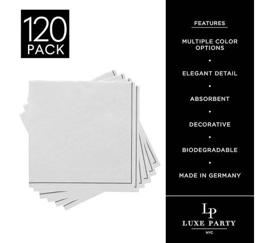 120 Pack Sqaure Cocktail Napkins, Disposable, Premium 3 Ply Paper, 5 x 5 Inch, Decorative Beverage Napkin, White with Silver Stripe