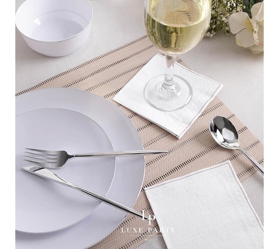 120 Pack Sqaure Cocktail Napkins, Disposable, Premium 3 Ply Paper, 5 x 5 Inch, Decorative Beverage Napkin, White with Silver Stripe
