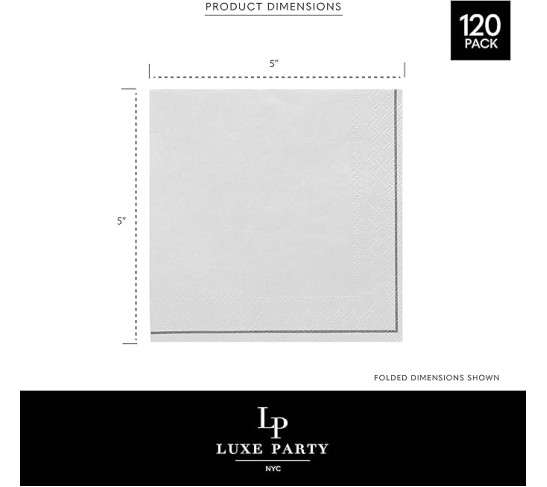 120 Pack Sqaure Cocktail Napkins, Disposable, Premium 3 Ply Paper, 5 x 5 Inch, Decorative Beverage Napkin, White with Silver Stripe