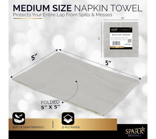 Cocktail Napkins Disposable, Silver Beverage Napkins Soft and Absorbent Paper Napkins for Dinner, Party, Wedding, Or Every Day Use, 5” x 5” 2 Ply Party Napkins, Pack of 100 - By 