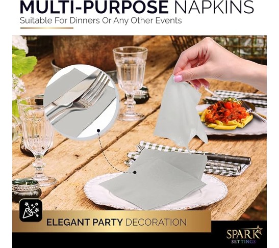 Cocktail Napkins Disposable, Silver Beverage Napkins Soft and Absorbent Paper Napkins for Dinner, Party, Wedding, Or Every Day Use, 5” x 5” 2 Ply Party Napkins, Pack of 100 - By 