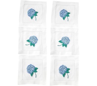Embroidered White Cocktail Napkins 6"x6" Set of 6 Cloth Napkin Coasters, Hydrangea Embroidered Cocktail Napkins for Christmas Cocktail Napkins Parties, Ladder Hemstitch, Great Present Ideas