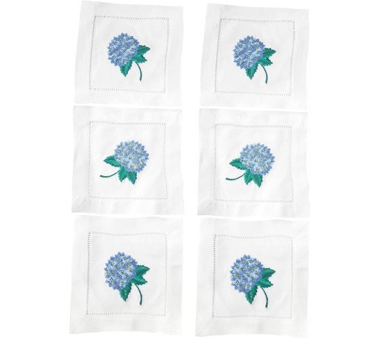 Embroidered White Cocktail Napkins 6"x6" Set of 6 Cloth Napkin Coasters, Hydrangea Embroidered Cocktail Napkins for Christmas Cocktail Napkins Parties, Ladder Hemstitch, Great Present Ideas
