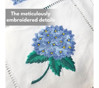 Embroidered White Cocktail Napkins 6"x6" Set of 6 Cloth Napkin Coasters, Hydrangea Embroidered Cocktail Napkins for Christmas Cocktail Napkins Parties, Ladder Hemstitch, Great Present Ideas