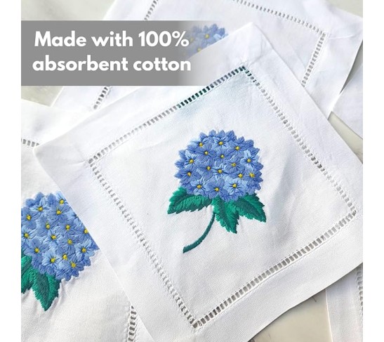 Embroidered White Cocktail Napkins 6"x6" Set of 6 Cloth Napkin Coasters, Hydrangea Embroidered Cocktail Napkins for Christmas Cocktail Napkins Parties, Ladder Hemstitch, Great Present Ideas