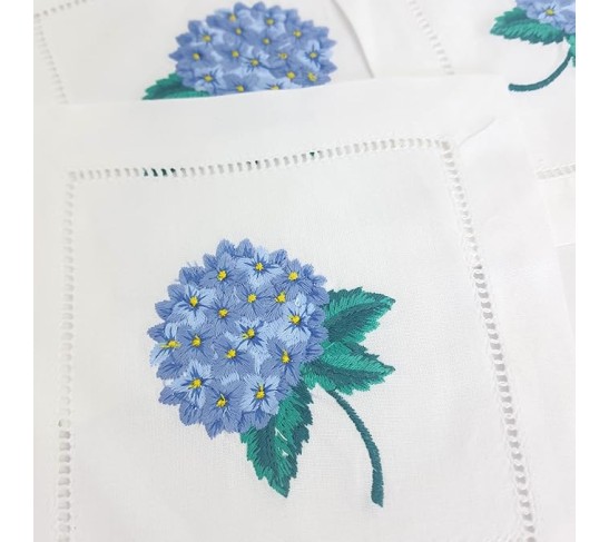 Embroidered White Cocktail Napkins 6"x6" Set of 6 Cloth Napkin Coasters, Hydrangea Embroidered Cocktail Napkins for Christmas Cocktail Napkins Parties, Ladder Hemstitch, Great Present Ideas