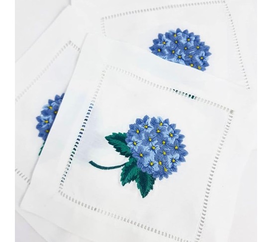 Embroidered White Cocktail Napkins 6"x6" Set of 6 Cloth Napkin Coasters, Hydrangea Embroidered Cocktail Napkins for Christmas Cocktail Napkins Parties, Ladder Hemstitch, Great Present Ideas