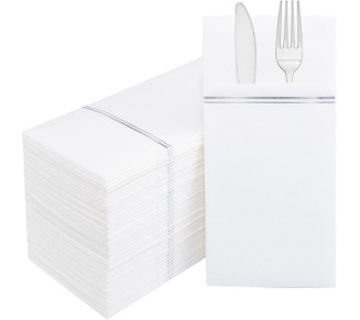 100PCS Silver Paper Napkins with Built-in Flatware Pocket - White and Silver Prefolded Cloth Like Disposable Napkins - Heavy-duty Linen-Feel Dinner Napkins for Party & Wedding & Dinner