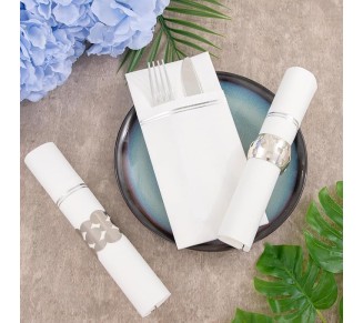 100PCS Silver Paper Napkins with Built-in Flatware Pocket - White and Silver Prefolded Cloth Like Disposable Napkins - Heavy-duty Linen-Feel Dinner Napkins for Party & Wedding & Dinner