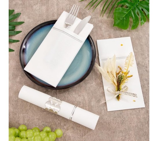 100PCS Silver Paper Napkins with Built-in Flatware Pocket - White and Silver Prefolded Cloth Like Disposable Napkins - Heavy-duty Linen-Feel Dinner Napkins for Party & Wedding & Dinner