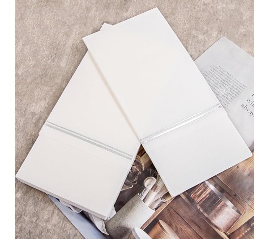 100PCS Silver Paper Napkins with Built-in Flatware Pocket - White and Silver Prefolded Cloth Like Disposable Napkins - Heavy-duty Linen-Feel Dinner Napkins for Party & Wedding & Dinner