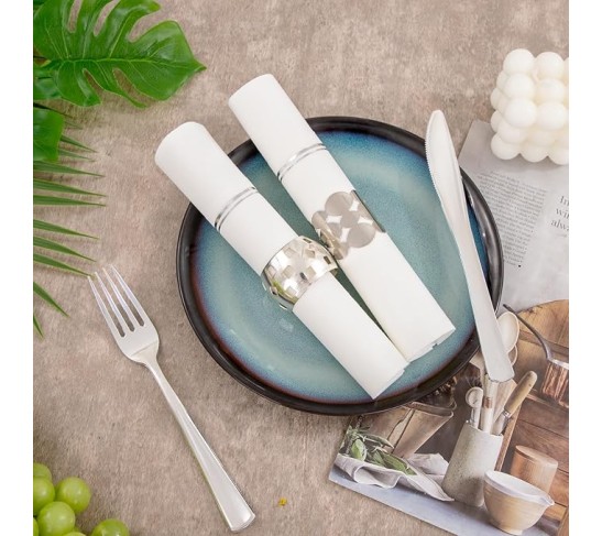 100PCS Silver Paper Napkins with Built-in Flatware Pocket - White and Silver Prefolded Cloth Like Disposable Napkins - Heavy-duty Linen-Feel Dinner Napkins for Party & Wedding & Dinner