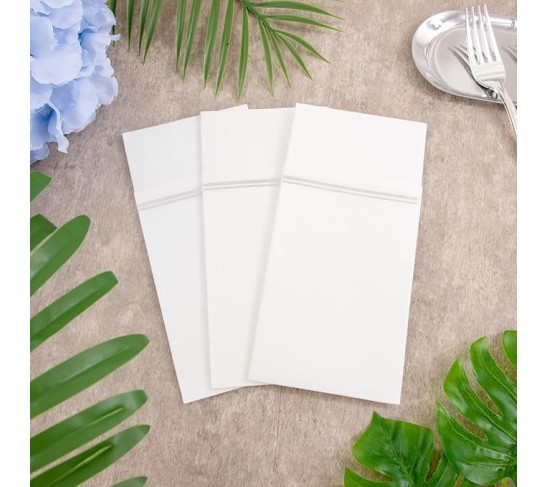 100PCS Silver Paper Napkins with Built-in Flatware Pocket - White and Silver Prefolded Cloth Like Disposable Napkins - Heavy-duty Linen-Feel Dinner Napkins for Party & Wedding & Dinner