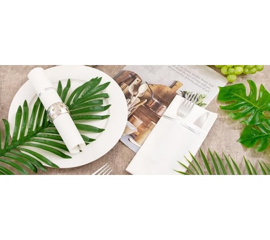 100PCS Silver Paper Napkins with Built-in Flatware Pocket - White and Silver Prefolded Cloth Like Disposable Napkins - Heavy-duty Linen-Feel Dinner Napkins for Party & Wedding & Dinner