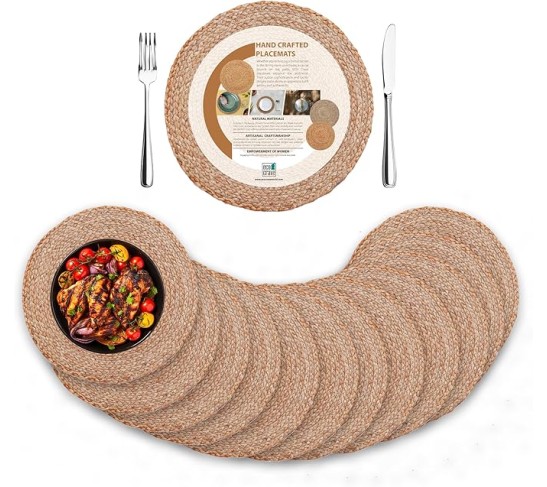 Round Placemats Set of 12 - Jute Placemats for Boho Dining - Woven Mats for Table Décor