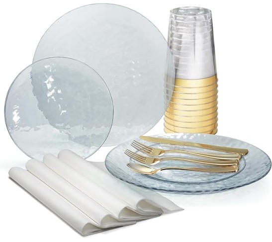 OCCASIONS 640pcs set (80 Guests)-Heavyweight Wedding Party Disposable Plastic Plate Set -80 x 10'' + 80 x 7'' + Gold Silverware + Cups + Napkins (Coastal Plain Clear)