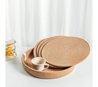 Round Placemats Set of 4, Brown Placemat-Woven Cotton Rope Chargers for Dinner Plates, Non-Slip, Heat Resistant Table Decor, Boho Farmhouse Kitchen Decor(Light Brown, 13 inch)