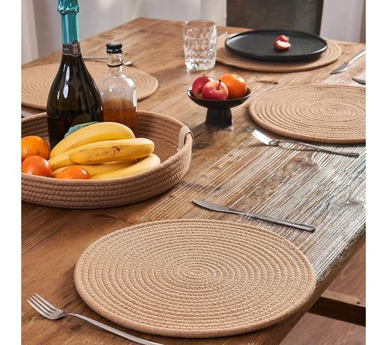Round Placemats Set of 4, Brown Placemat-Woven Cotton Rope Chargers for Dinner Plates, Non-Slip, Heat Resistant Table Decor, Boho Farmhouse Kitchen Decor(Light Brown, 13 inch)