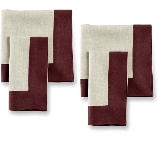 Linen Dinner Napkins Set of 4-100% Pure Linen Burgundy and Natural Cloth Napkins 20 x 20 Inch - Contempo, Handcrafted and Machine Washable