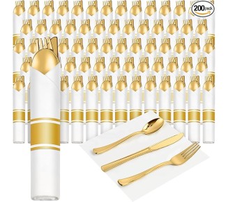 200 Pack Pre Rolled Gold Plastic Silverware Set, Disposable Wrapped Cutlery Set with 200 Napkins, 200 Forks, 200 Knives, 200 Spoons for 200 Guests Wedding Birthday Dinner Party Supplies (Gold)