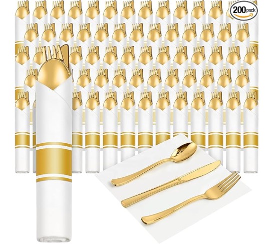 200 Pack Pre Rolled Gold Plastic Silverware Set, Disposable Wrapped Cutlery Set with 200 Napkins, 200 Forks, 200 Knives, 200 Spoons for 200 Guests Wedding Birthday Dinner Party Supplies (Gold)